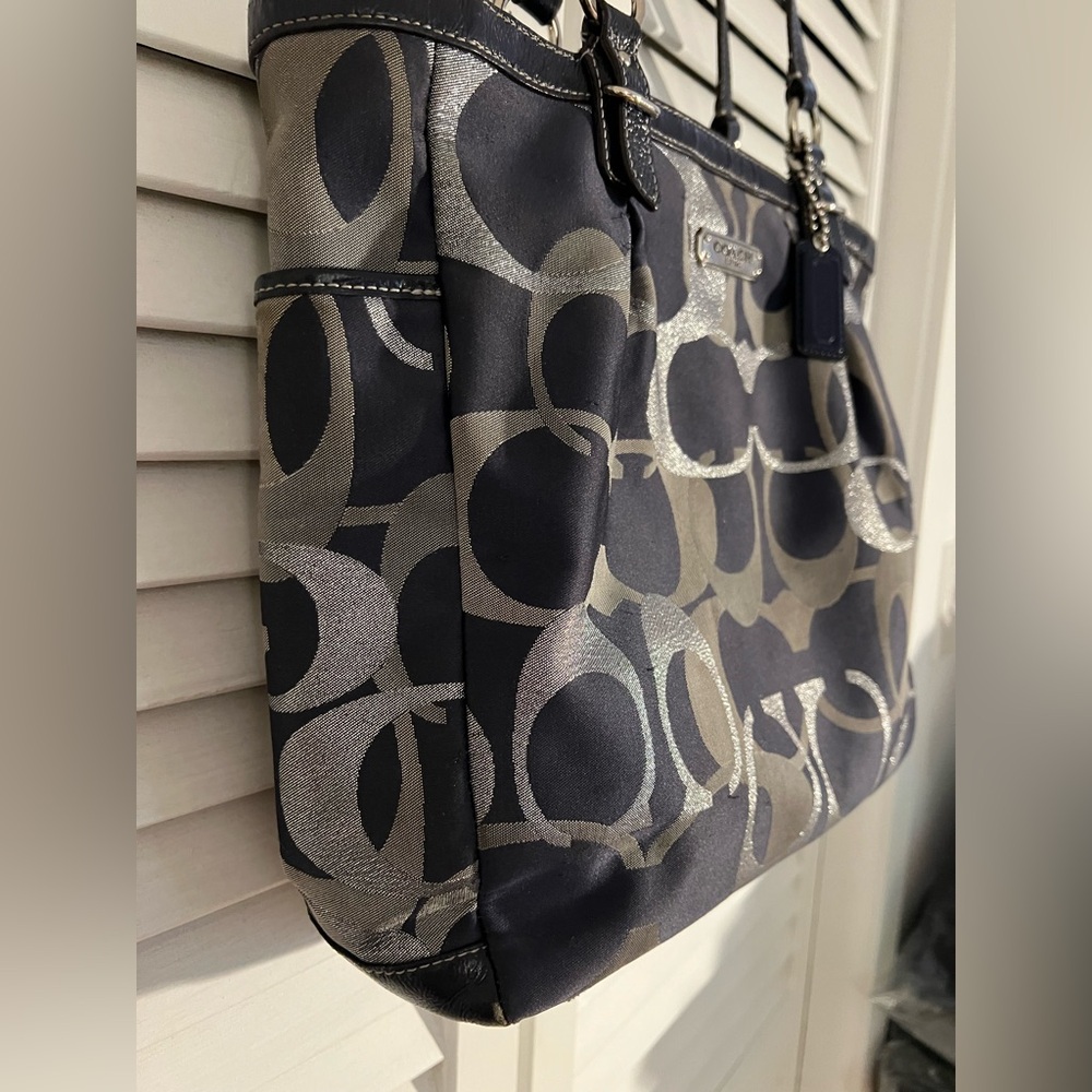 Coach Navy Blue & Silver Signature Jacquard Tote. Navy Blue Leather& Handles - Picture 7 of 13